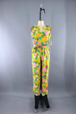1960s Vintage LANZ Jumpsuit Romper / Yellow Green Mod Floral / XXS