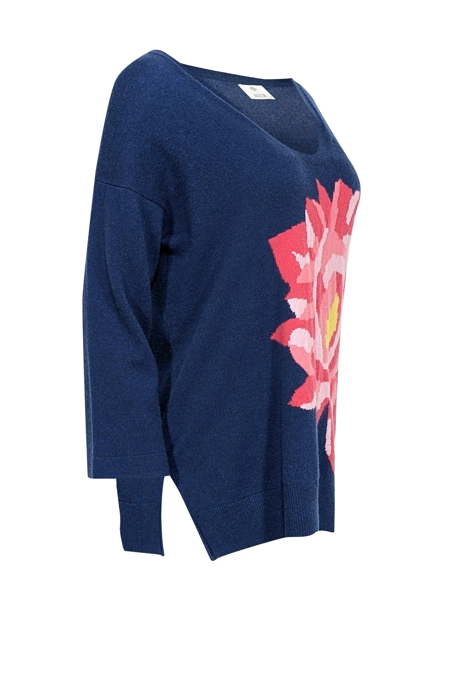 Allude - Navy Blue Cashmere Sweater w/ Pink Floral Motif Sz S