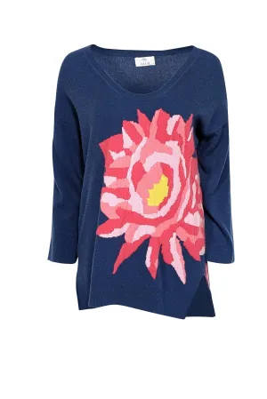 Allude - Navy Blue Cashmere Sweater w/ Pink Floral Motif Sz S