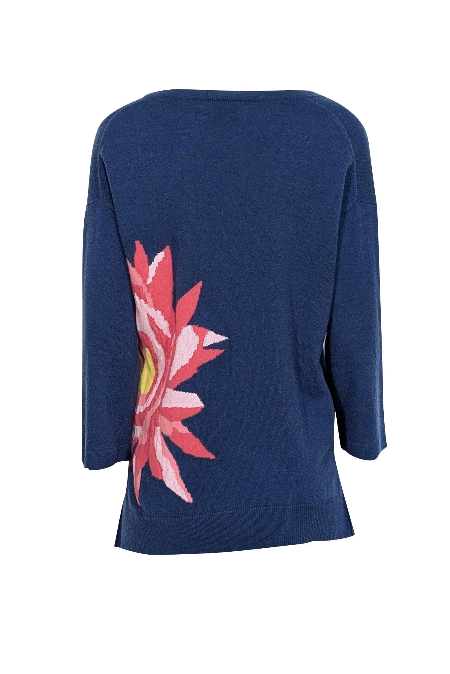 Allude - Navy Blue Cashmere Sweater w/ Pink Floral Motif Sz S