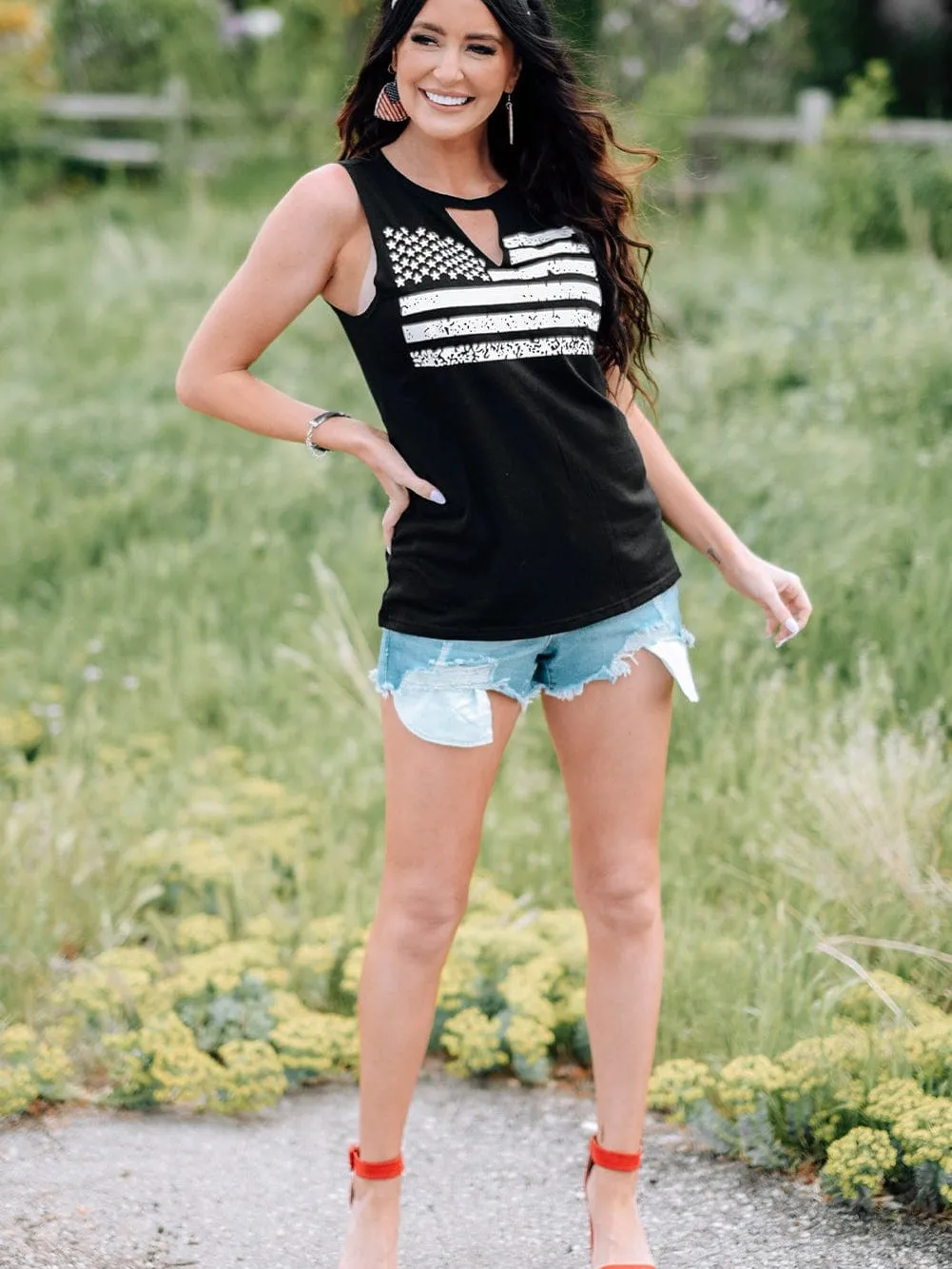 American Flag Print Cutout Tank Top in Black