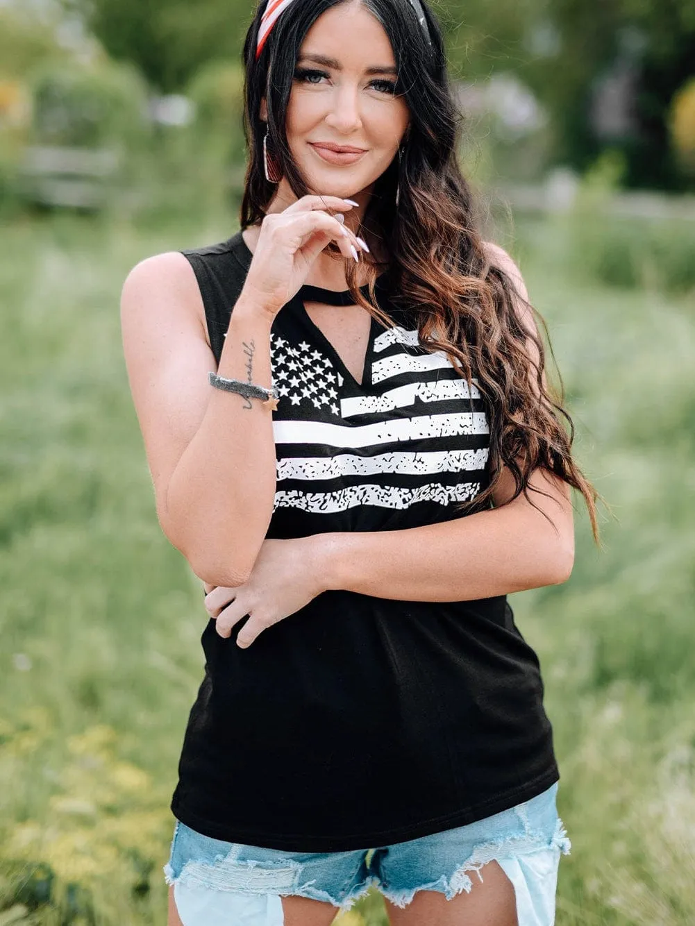 American Flag Print Cutout Tank Top in Black