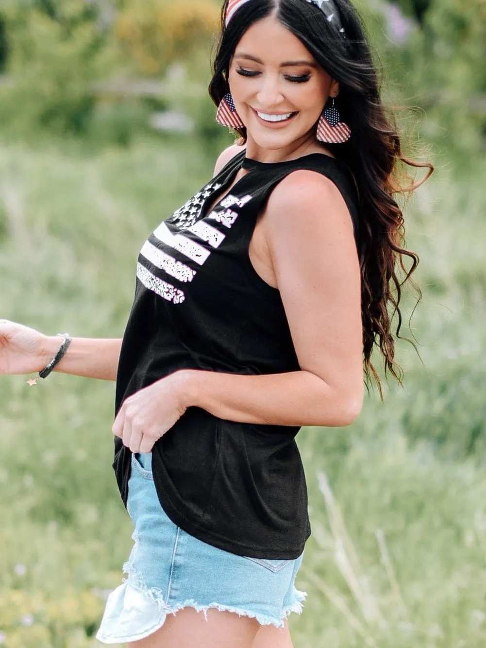 American Flag Print Cutout Tank Top in Black