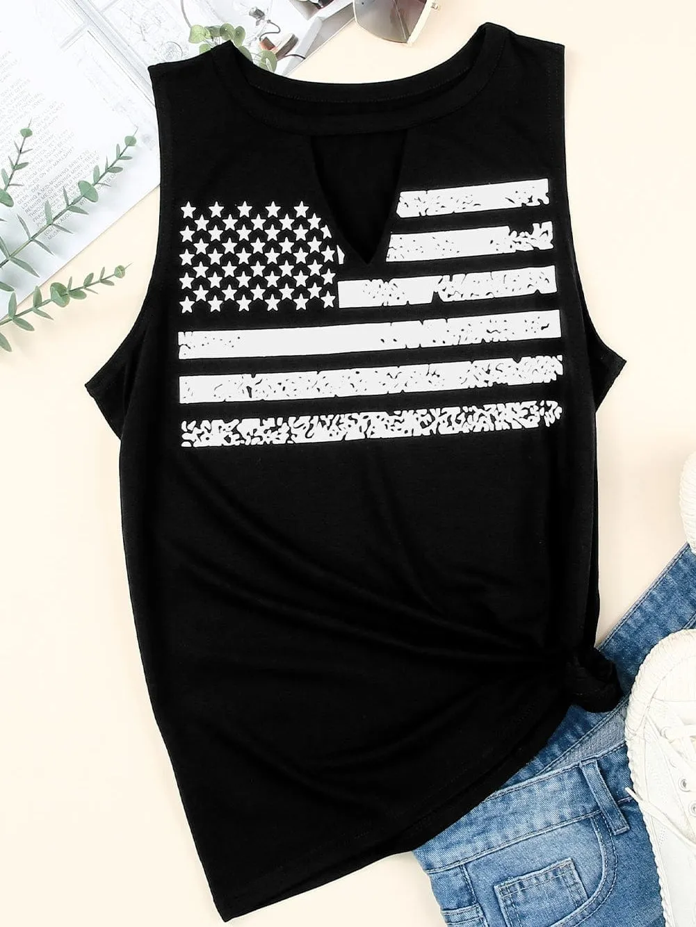 American Flag Print Cutout Tank Top in Black