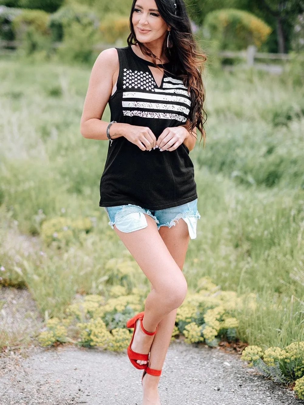 American Flag Print Cutout Tank Top in Black