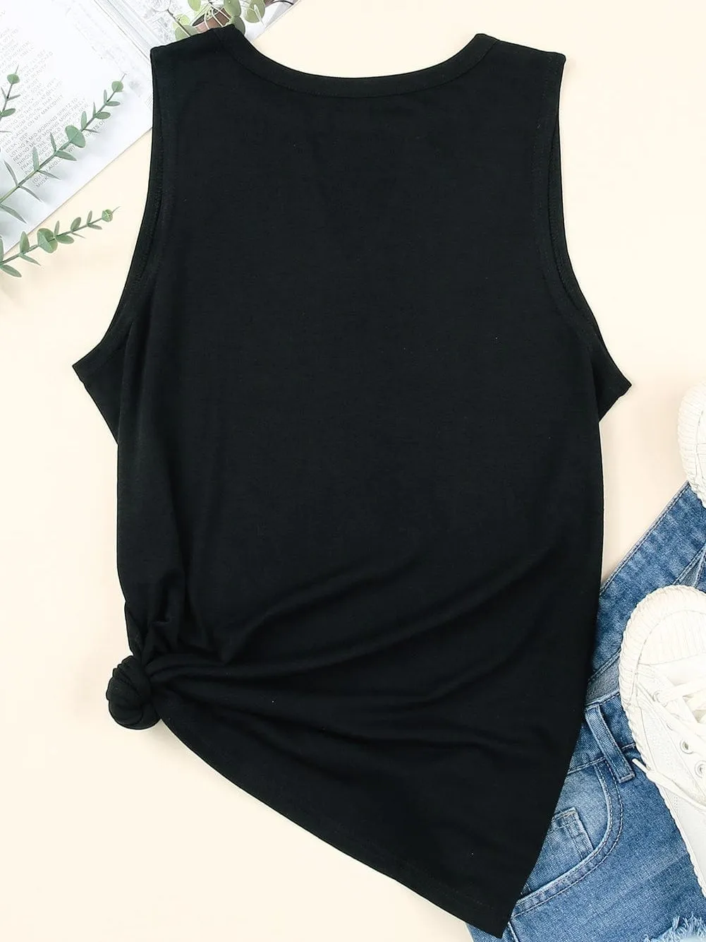 American Flag Print Cutout Tank Top in Black