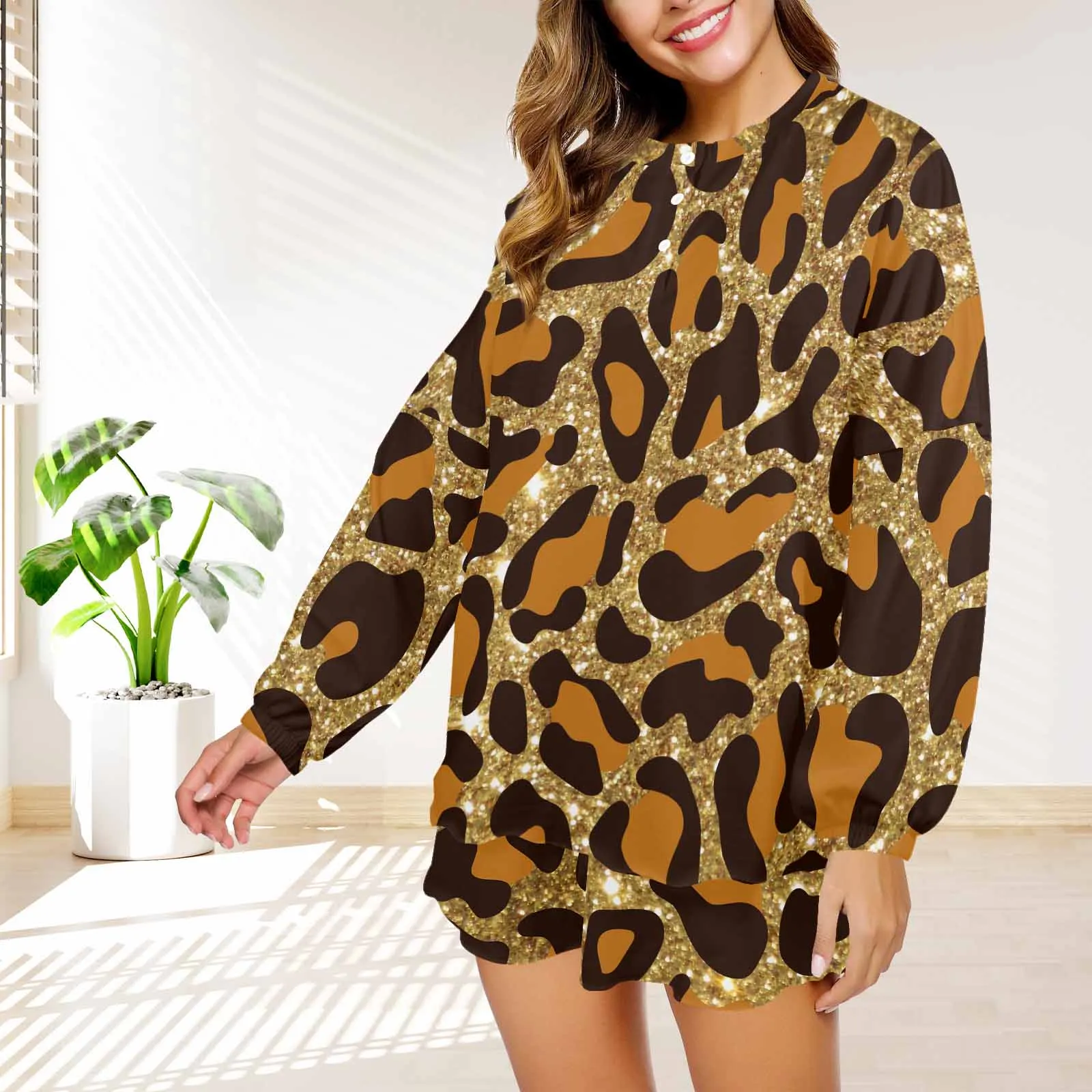 Animal print 5  Women's Long Sleeve Pajama Set with Shorts