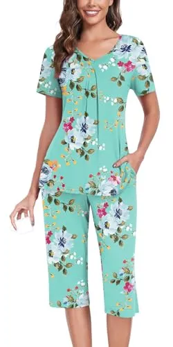 Anyally Women's Summer Pajama Set Plus Size Short Sleeve Shirt and Capri Pants 2 Piece Sleepwear Pleated Ladies Pjs Sets with Pockets, XL Star Blue