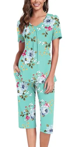 Anyally Women's Summer Pajama Set Plus Size Short Sleeve Shirt and Capri Pants 2 Piece Sleepwear Pleated Ladies Pjs Sets with Pockets, XL Star Blue