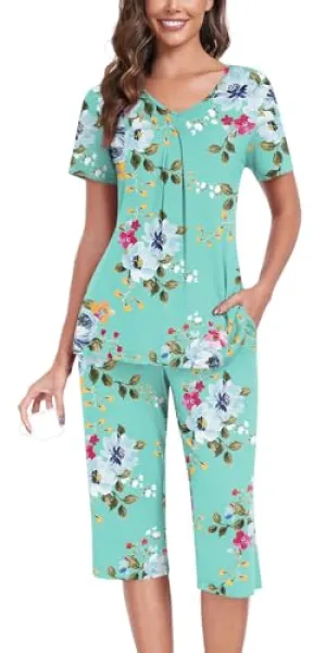 Anyally Women's Summer Pajama Set Plus Size Short Sleeve Shirt and Capri Pants 2 Piece Sleepwear Pleated Ladies Pjs Sets with Pockets, XL Star Blue
