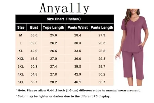 Anyally Women's Summer Pajama Set Plus Size Short Sleeve Shirt and Capri Pants 2 Piece Sleepwear Pleated Ladies Pjs Sets with Pockets, XL Star Blue