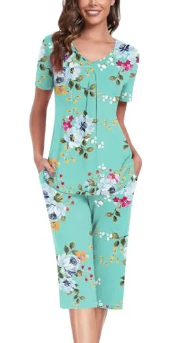 Anyally Women's Summer Pajama Set Plus Size Short Sleeve Shirt and Capri Pants 2 Piece Sleepwear Pleated Ladies Pjs Sets with Pockets, XL Star Blue