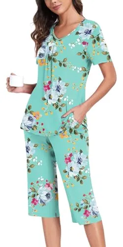 Anyally Women's Summer Pajama Set Plus Size Short Sleeve Shirt and Capri Pants 2 Piece Sleepwear Pleated Ladies Pjs Sets with Pockets, XL Star Blue