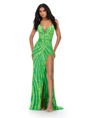 Ashley Lauren 11236 Size 00, 14 Lime Green Prom Dress Long Fitted V Neck Slit Beaded Pageant Gown
