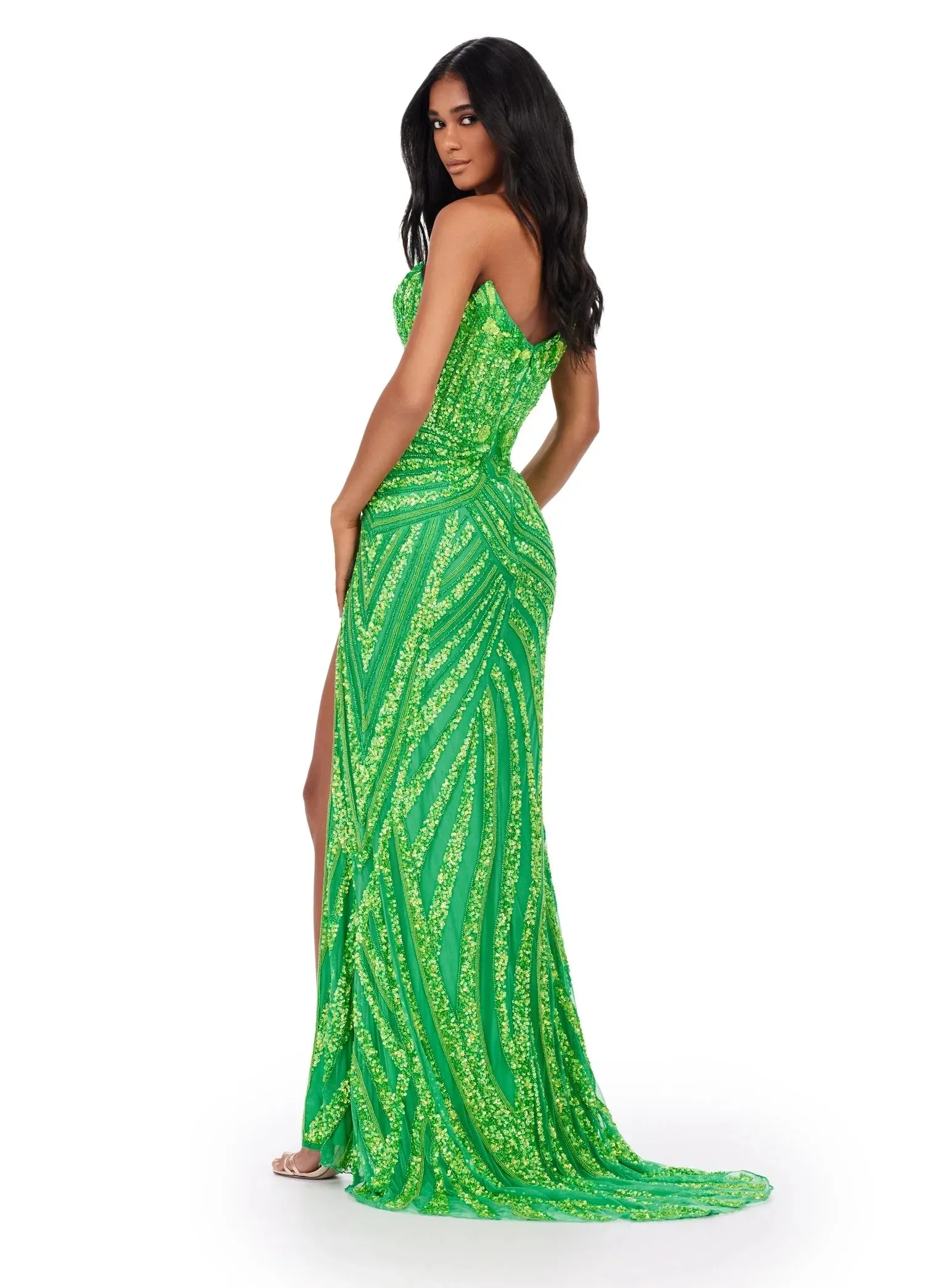 Ashley Lauren 11236 Size 00, 14 Lime Green Prom Dress Long Fitted V Neck Slit Beaded Pageant Gown