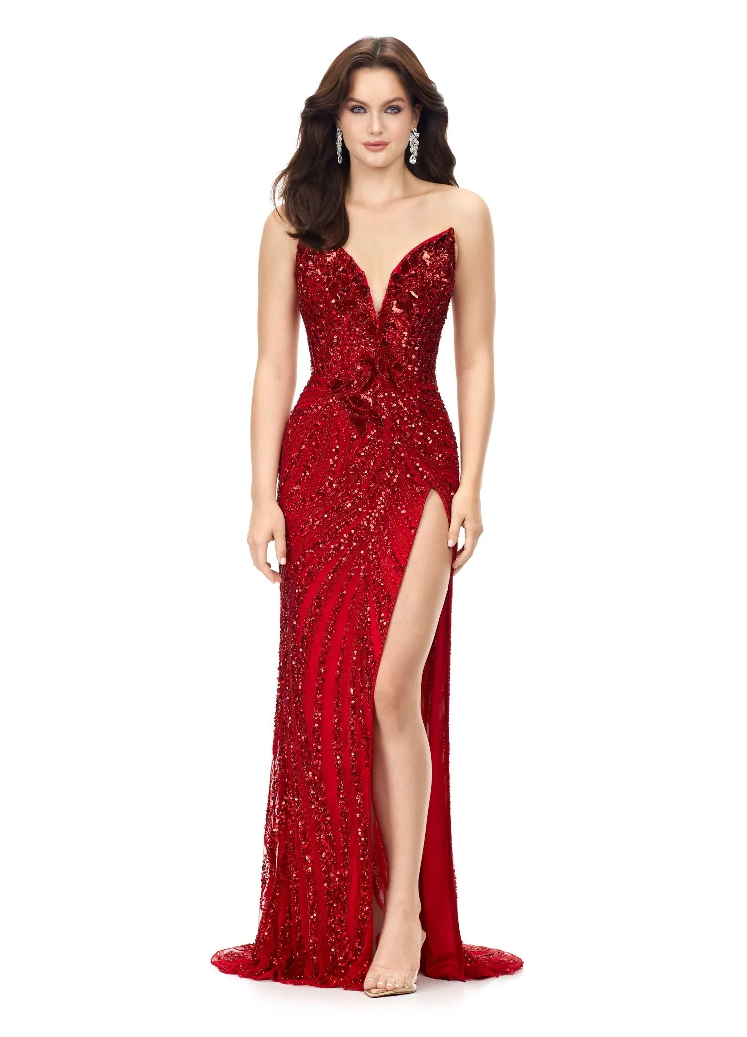 Ashley Lauren 11236 Size 2,4,6,14 Red Long Fitted V Neck Slit Beaded Sequin Prom Dress Pageant Gown