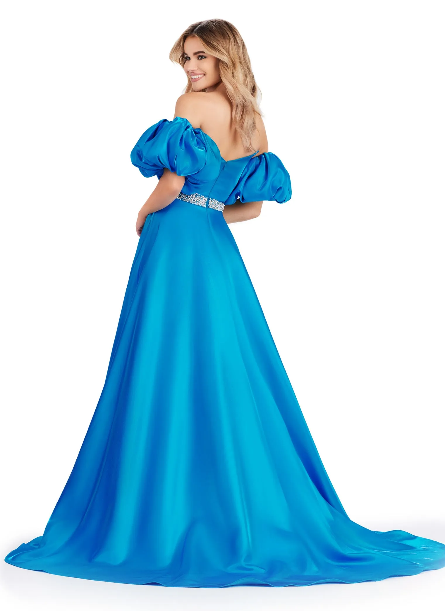 Ashley Lauren 11474 Long Prom Dress Strapless Satin Ball Gown Beaded Belt Detachable Puff Sleeves Formal Pageant