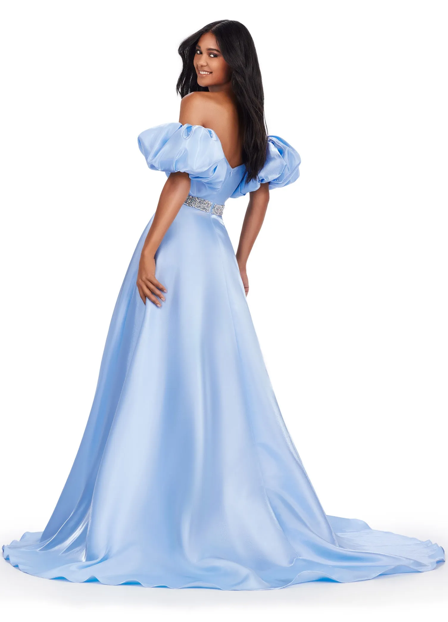 Ashley Lauren 11474 Long Prom Dress Strapless Satin Ball Gown Beaded Belt Detachable Puff Sleeves Formal Pageant