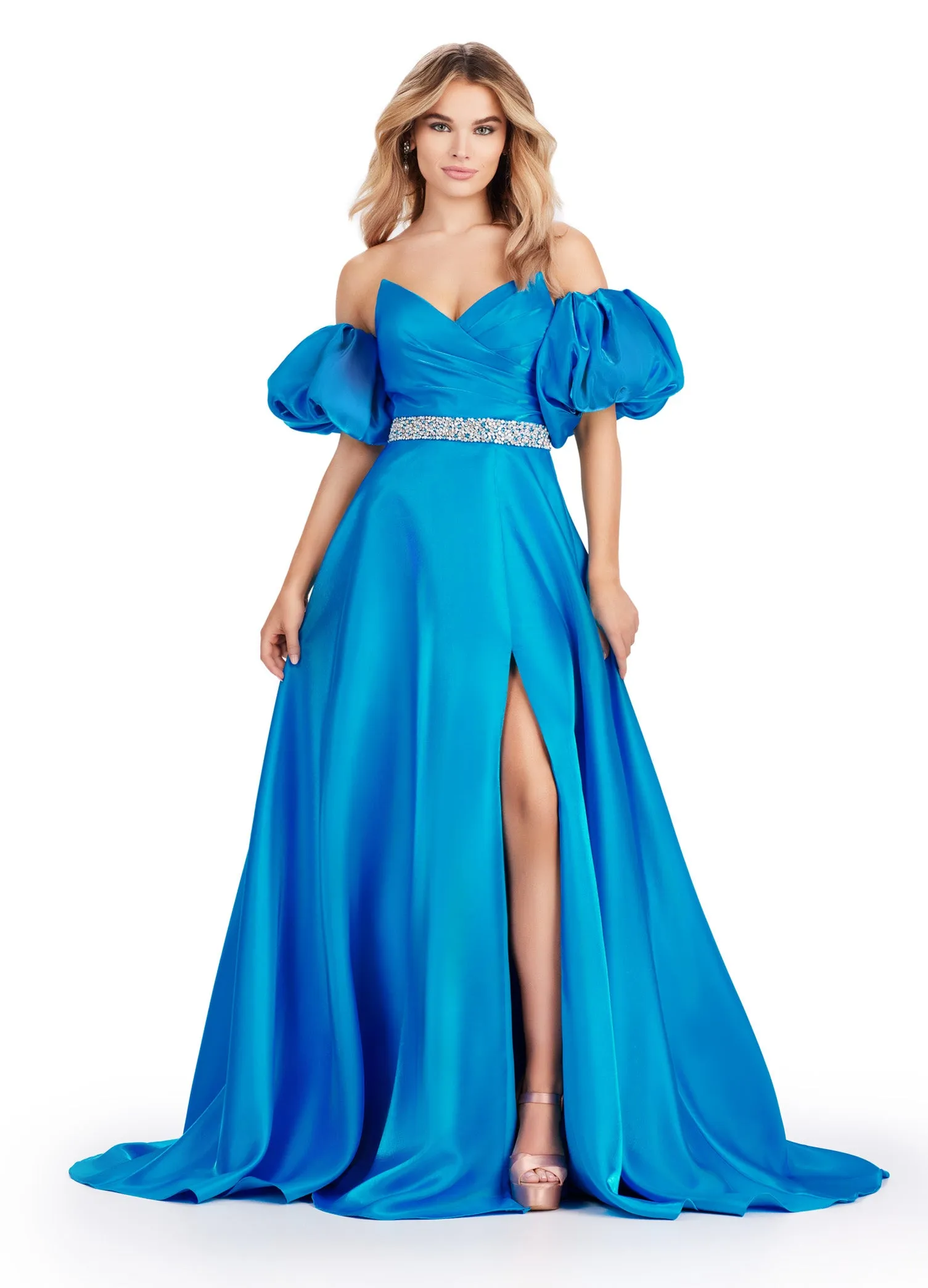 Ashley Lauren 11474 Long Prom Dress Strapless Satin Ball Gown Beaded Belt Detachable Puff Sleeves Formal Pageant