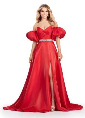 Ashley Lauren 11474 Long Prom Dress Strapless Satin Ball Gown Beaded Belt Detachable Puff Sleeves Formal Pageant