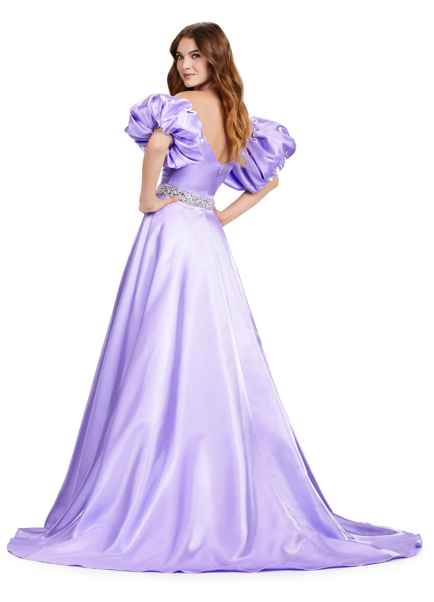 Ashley Lauren 11474 Long Prom Dress Strapless Satin Ball Gown Beaded Belt Detachable Puff Sleeves Formal Pageant