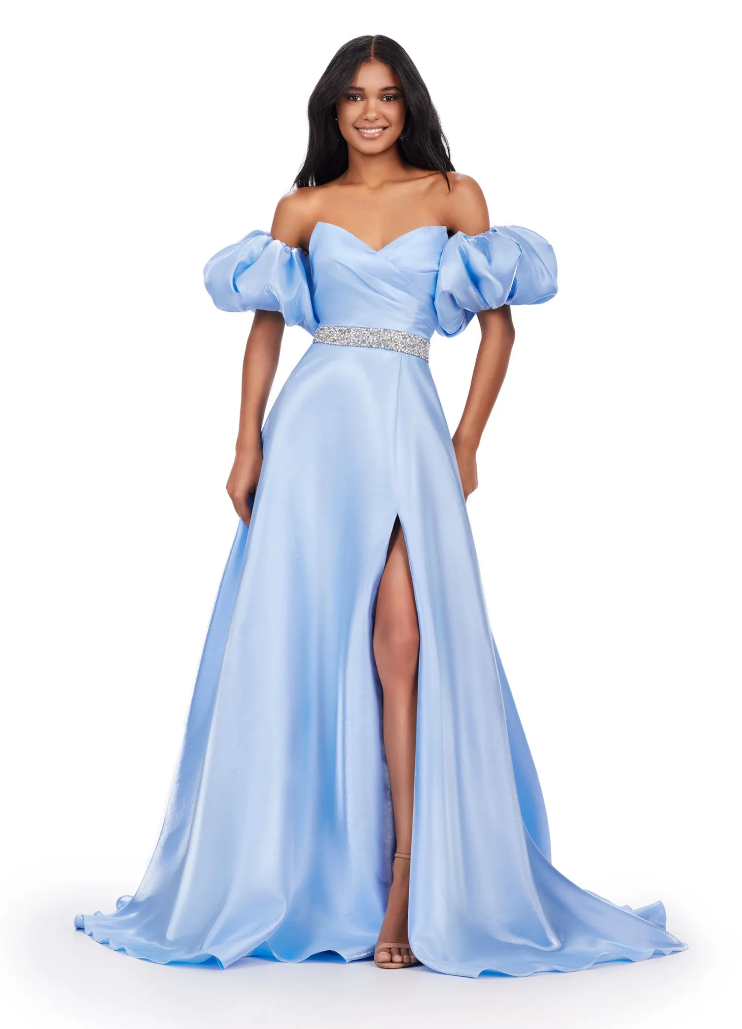 Ashley Lauren 11474 Long Prom Dress Strapless Satin Ball Gown Beaded Belt Detachable Puff Sleeves Formal Pageant