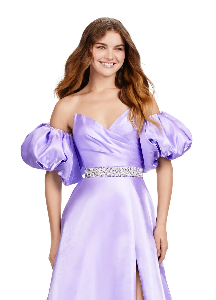 Ashley Lauren 11474 Long Prom Dress Strapless Satin Ball Gown Beaded Belt Detachable Puff Sleeves Formal Pageant