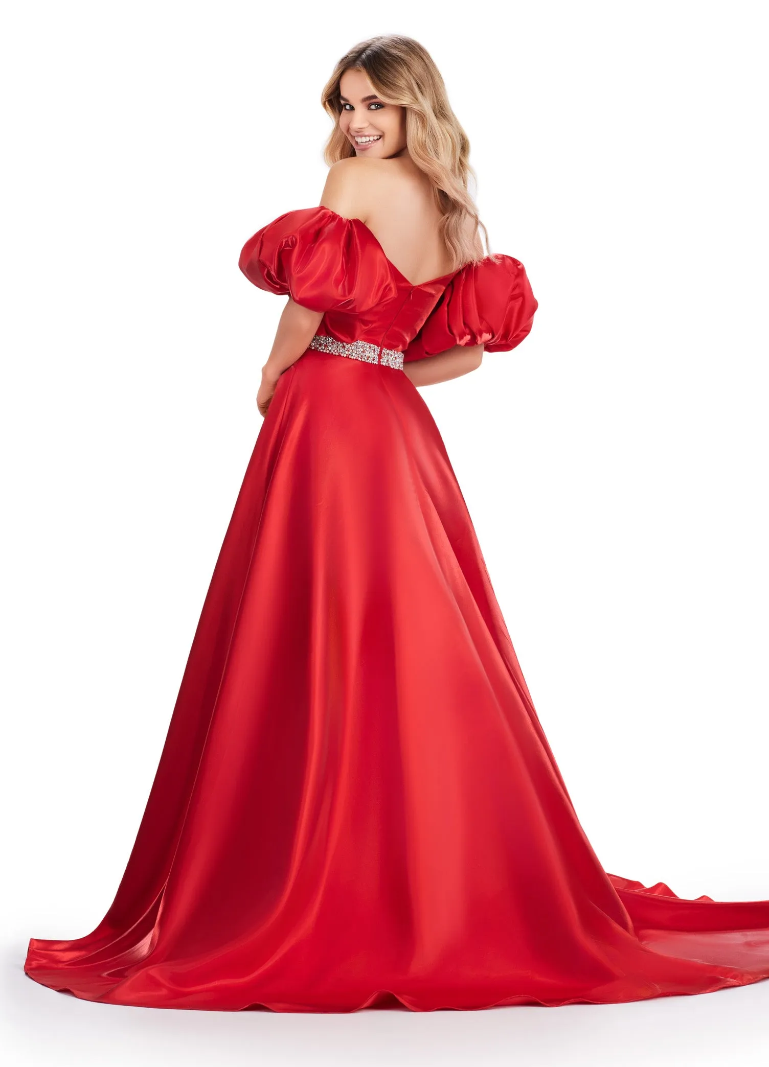 Ashley Lauren 11474 Long Prom Dress Strapless Satin Ball Gown Beaded Belt Detachable Puff Sleeves Formal Pageant