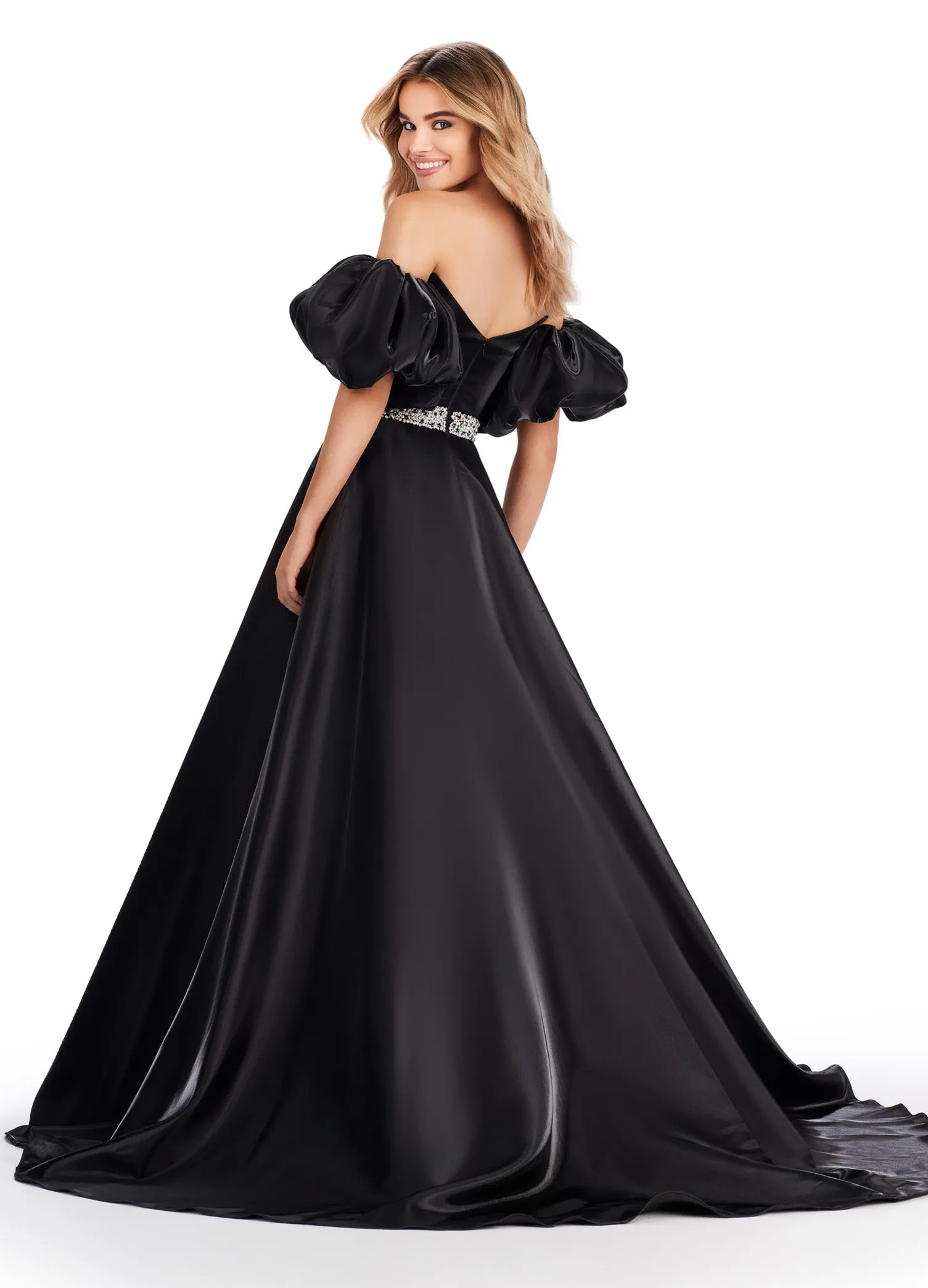 Ashley Lauren 11474 Long Prom Dress Strapless Satin Ball Gown Beaded Belt Detachable Puff Sleeves Formal Pageant