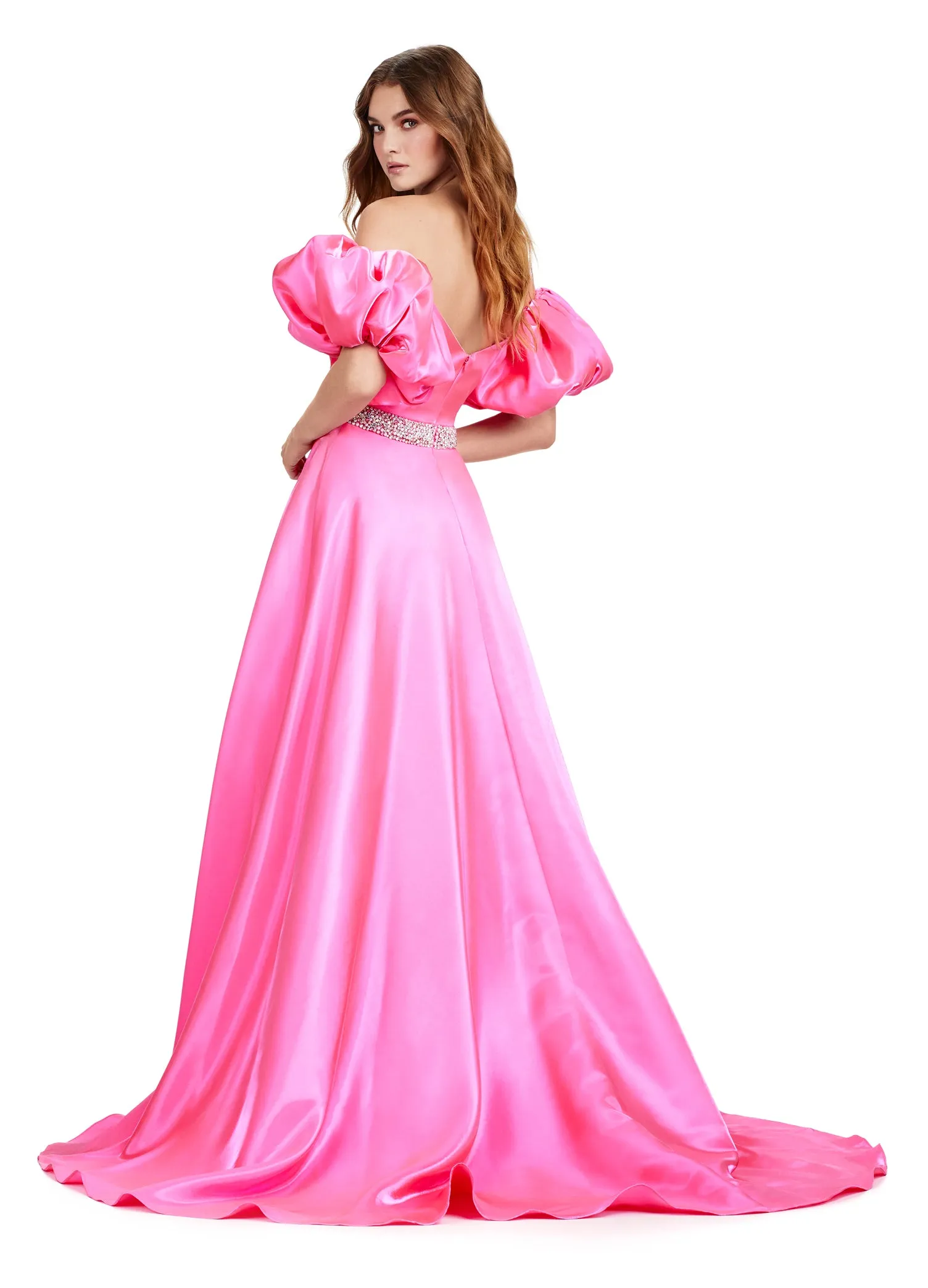 Ashley Lauren 11474 Long Prom Dress Strapless Satin Ball Gown Beaded Belt Detachable Puff Sleeves Formal Pageant