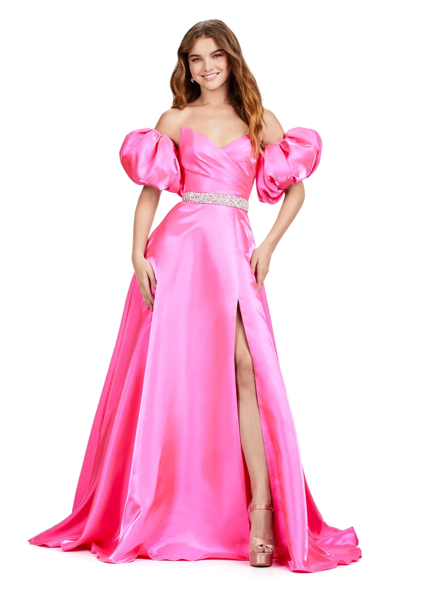 Ashley Lauren 11474 Long Prom Dress Strapless Satin Ball Gown Beaded Belt Detachable Puff Sleeves Formal Pageant