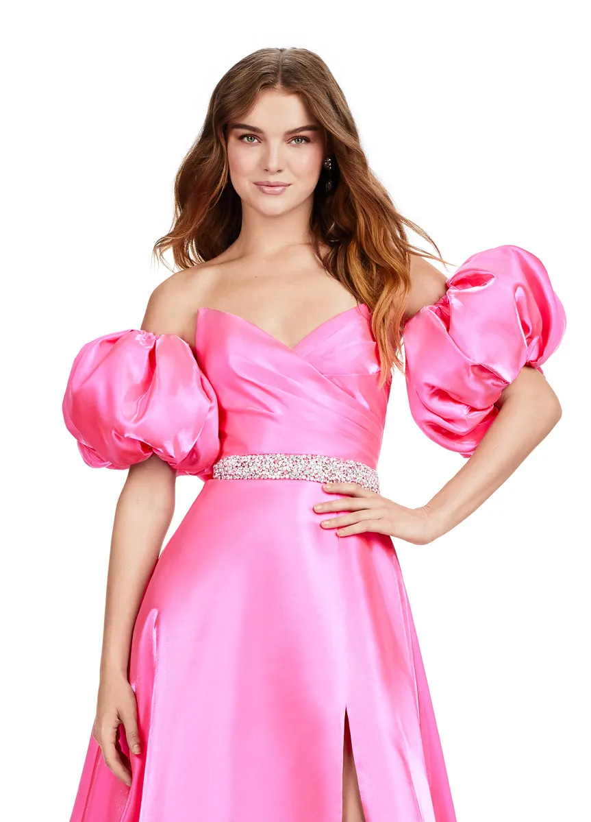 Ashley Lauren 11474 Long Prom Dress Strapless Satin Ball Gown Beaded Belt Detachable Puff Sleeves Formal Pageant