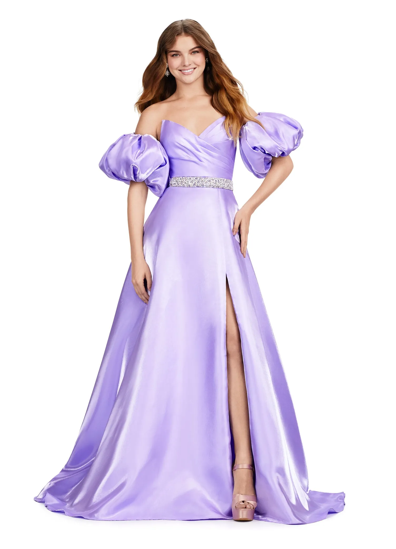 Ashley Lauren 11474 Long Prom Dress Strapless Satin Ball Gown Beaded Belt Detachable Puff Sleeves Formal Pageant