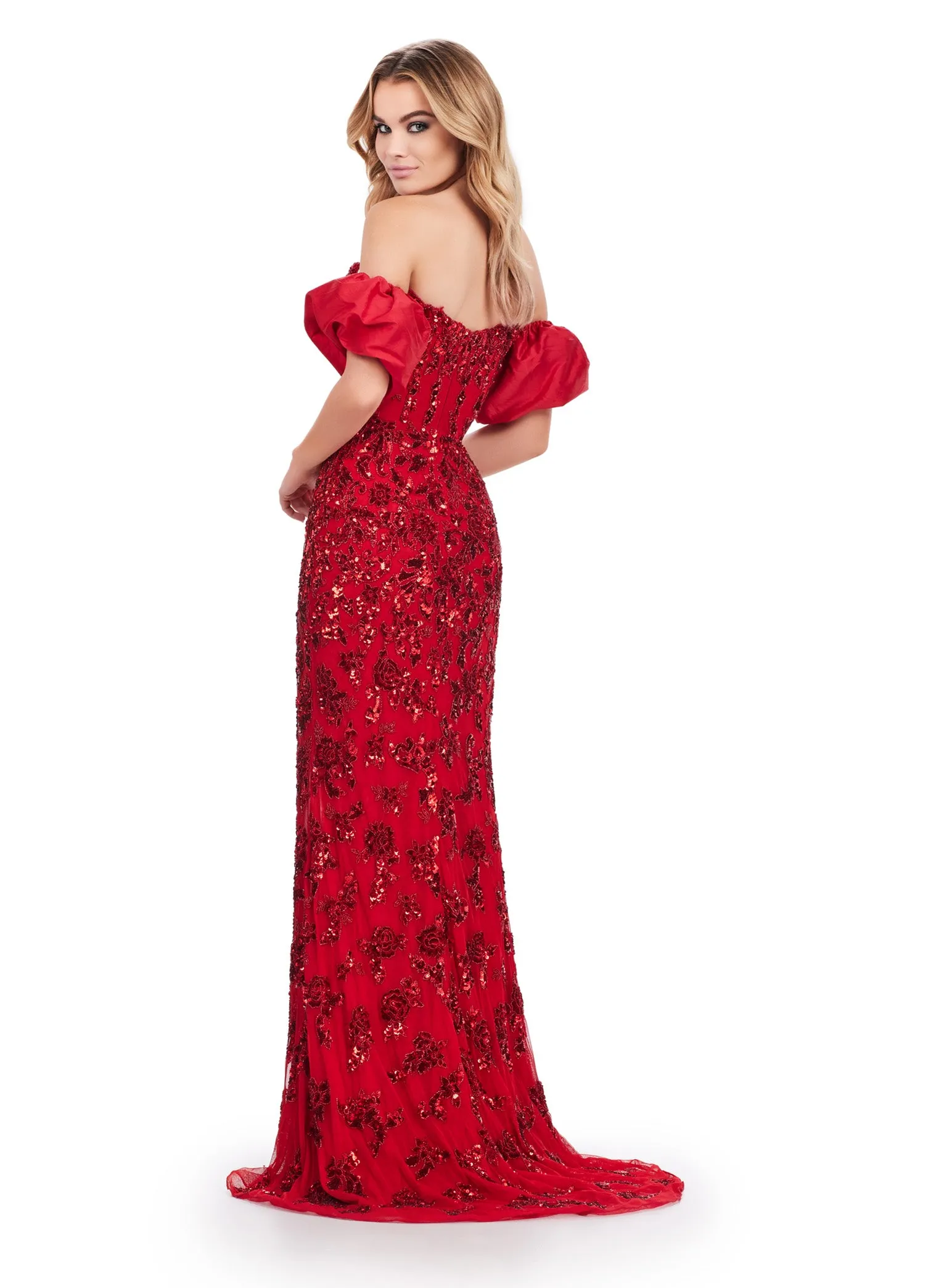 Ashley Lauren 11585 Long Prom Dress Beaded Strapless Detachable Taffeta Puff Sleeves Formal Pageant Gown