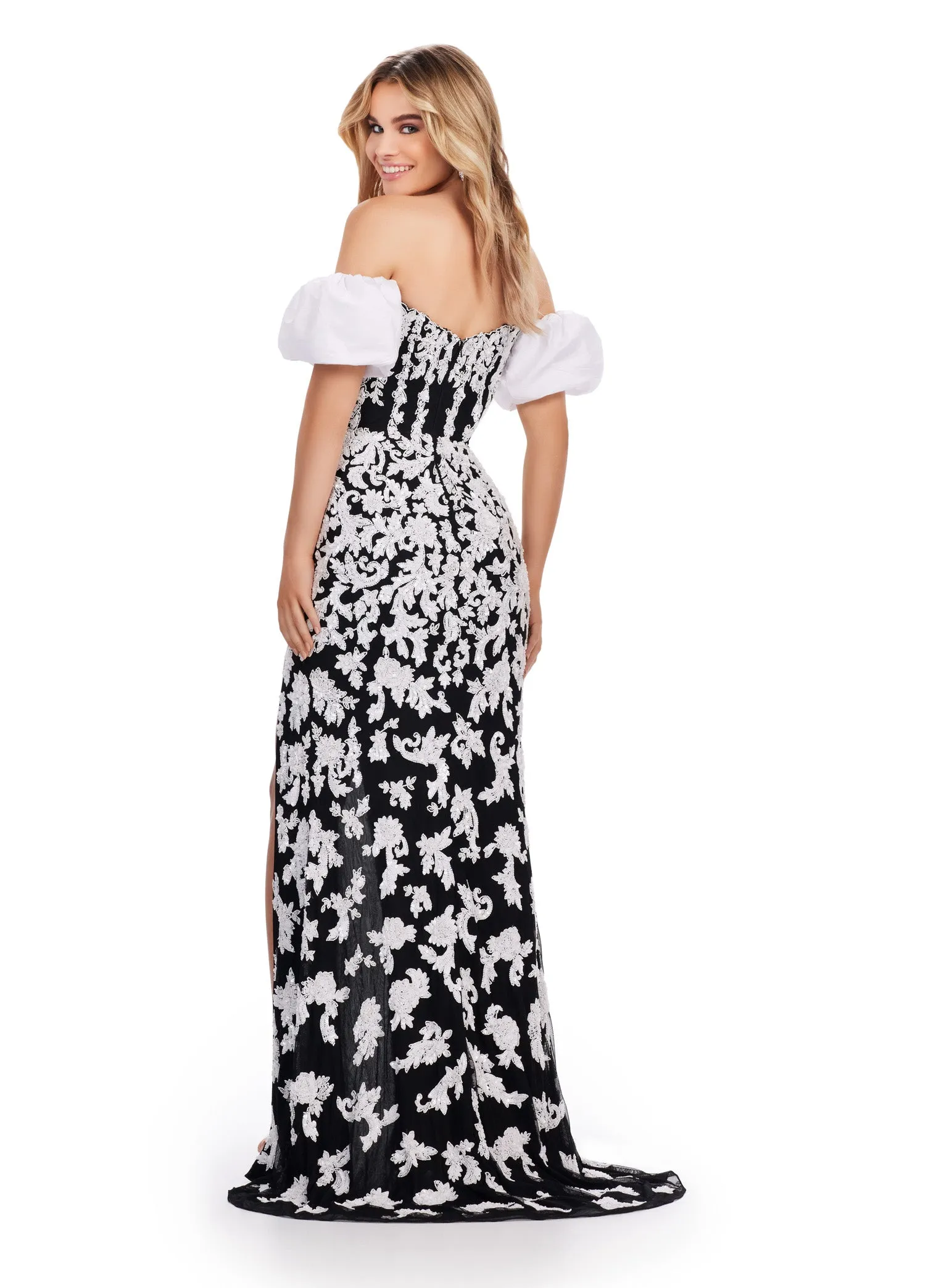 Ashley Lauren 11585 Long Prom Dress Beaded Strapless Detachable Taffeta Puff Sleeves Formal Pageant Gown