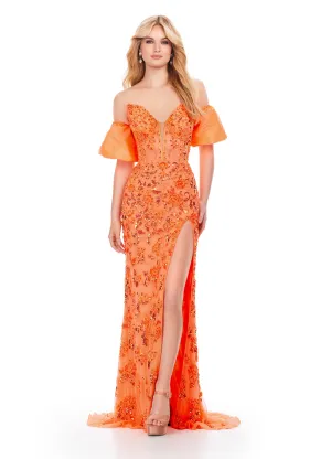Ashley Lauren 11585 Long Prom Dress Beaded Strapless Detachable Taffeta Puff Sleeves Formal Pageant Gown