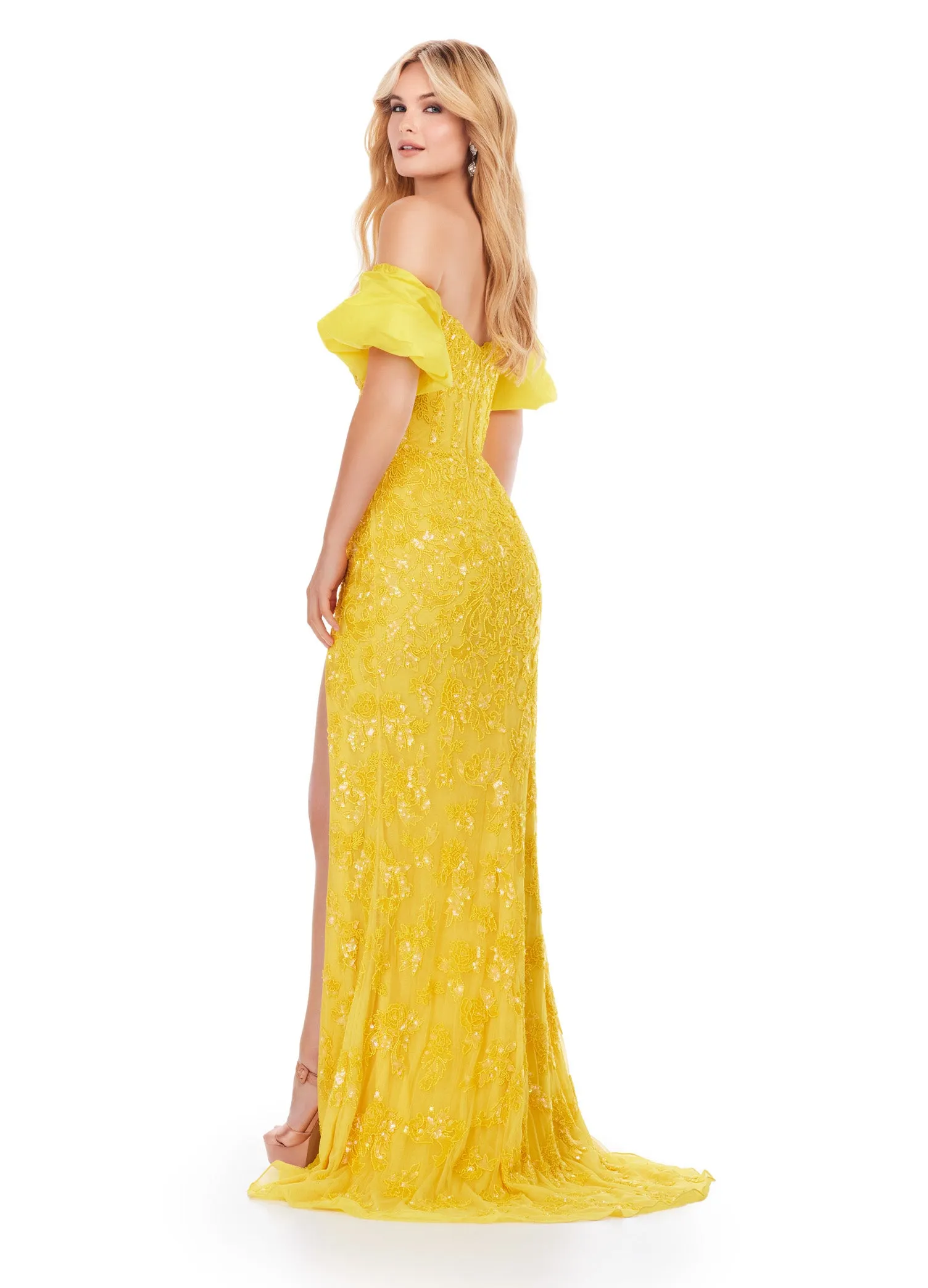Ashley Lauren 11585 Long Prom Dress Beaded Strapless Detachable Taffeta Puff Sleeves Formal Pageant Gown
