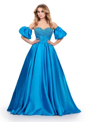 Ashley Lauren 11642 Size 10, 18 Peacock Satin A Line Crystal Corset Prom Dress Puff Sleeve Ballgown Pageant