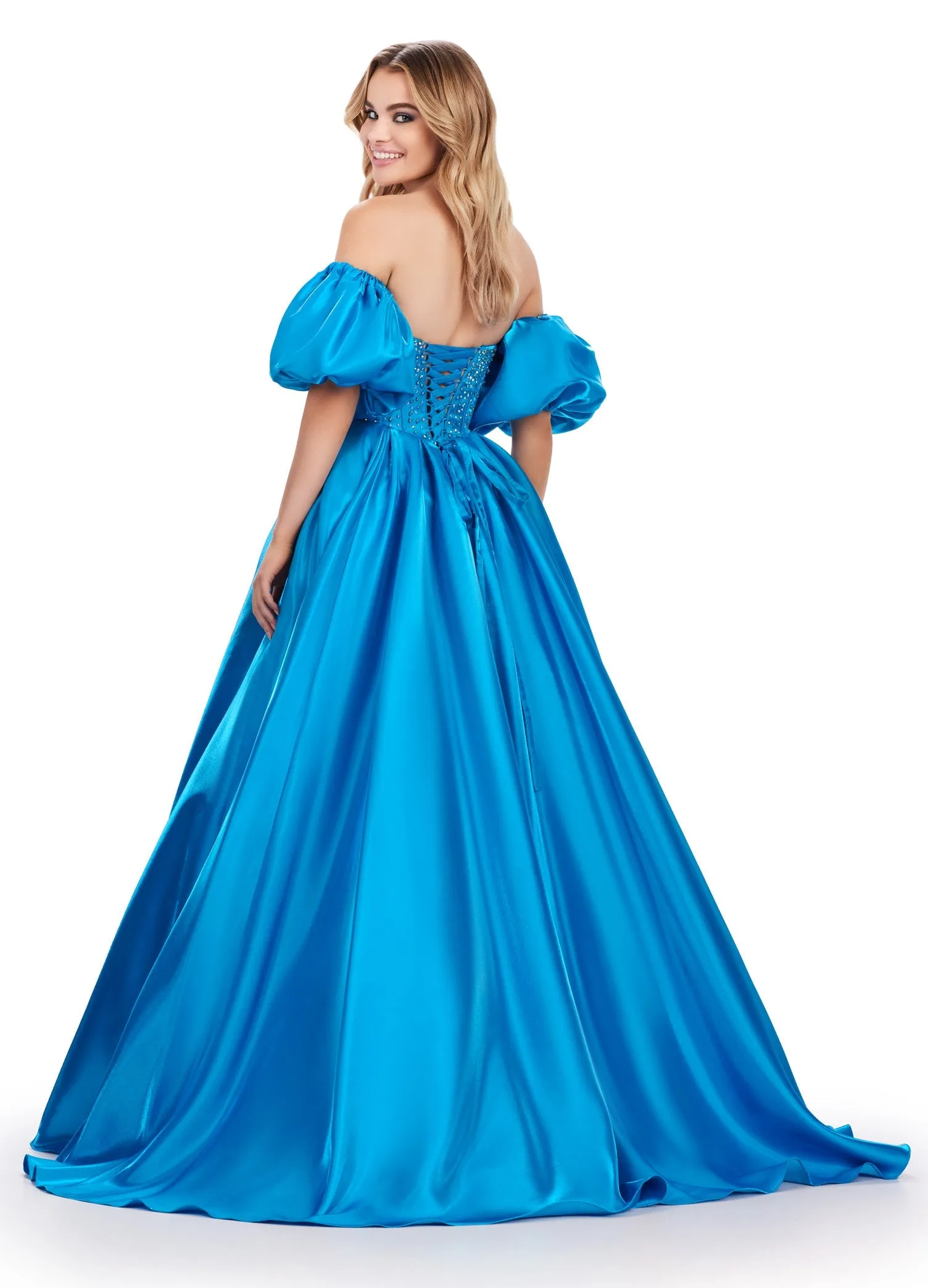 Ashley Lauren 11642 Size 10, 18 Peacock Satin A Line Crystal Corset Prom Dress Puff Sleeve Ballgown Pageant