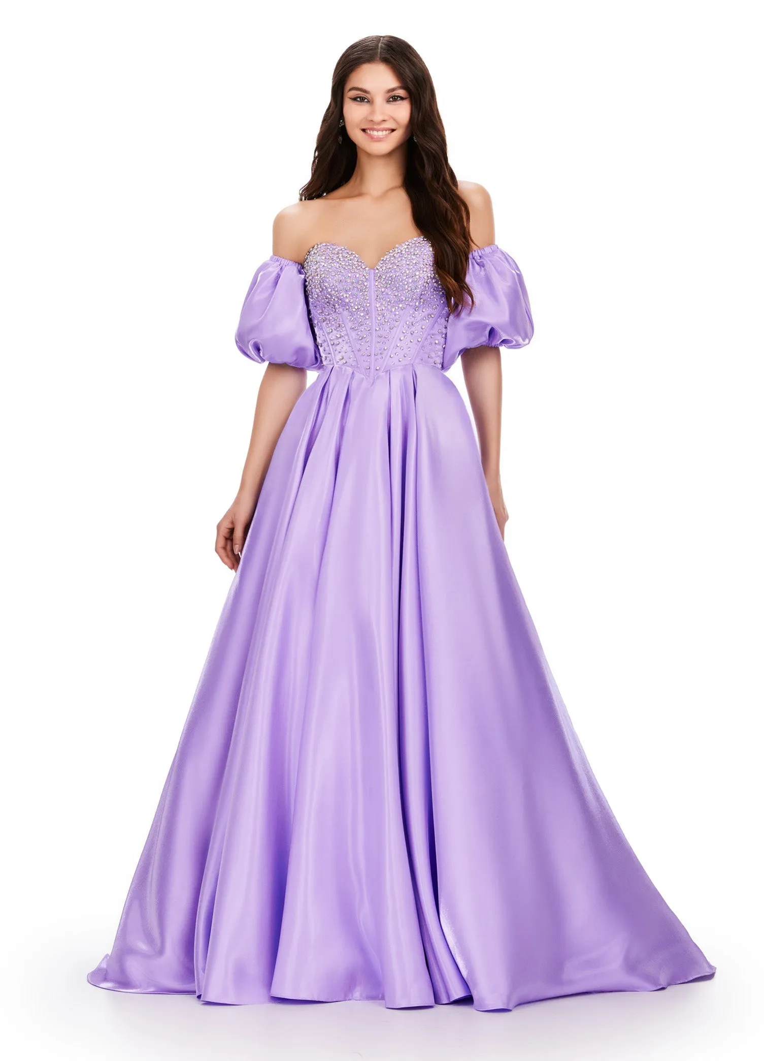 Ashley Lauren 11642 Size 10, 18 Peacock Satin A Line Crystal Corset Prom Dress Puff Sleeve Ballgown Pageant