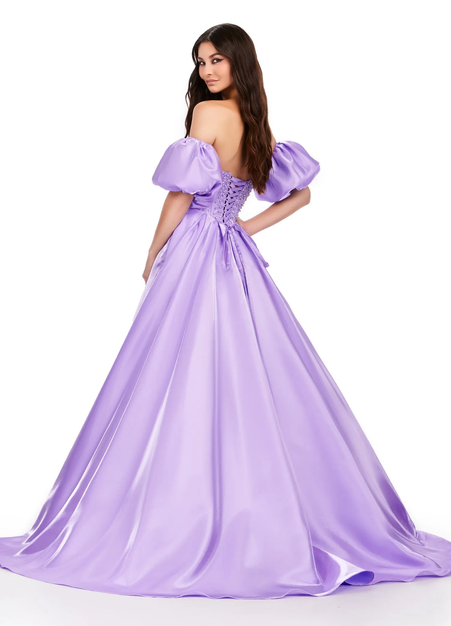 Ashley Lauren 11642 Size 10, 18 Peacock Satin A Line Crystal Corset Prom Dress Puff Sleeve Ballgown Pageant