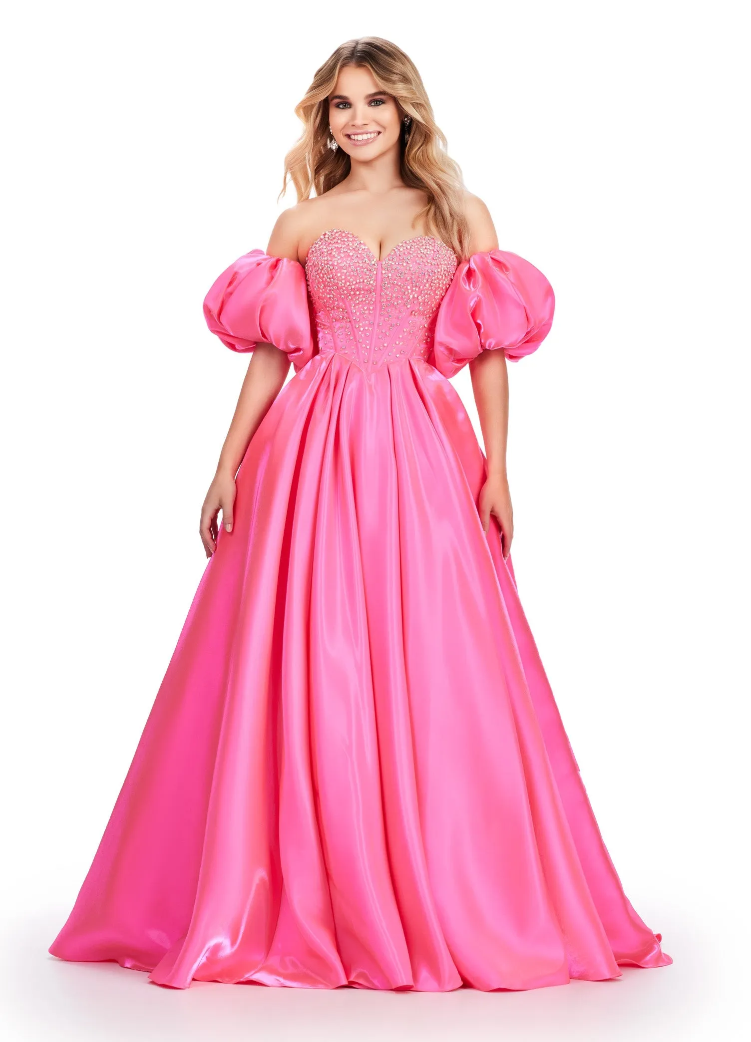 Ashley Lauren 11642 Size 10, 18 Peacock Satin A Line Crystal Corset Prom Dress Puff Sleeve Ballgown Pageant