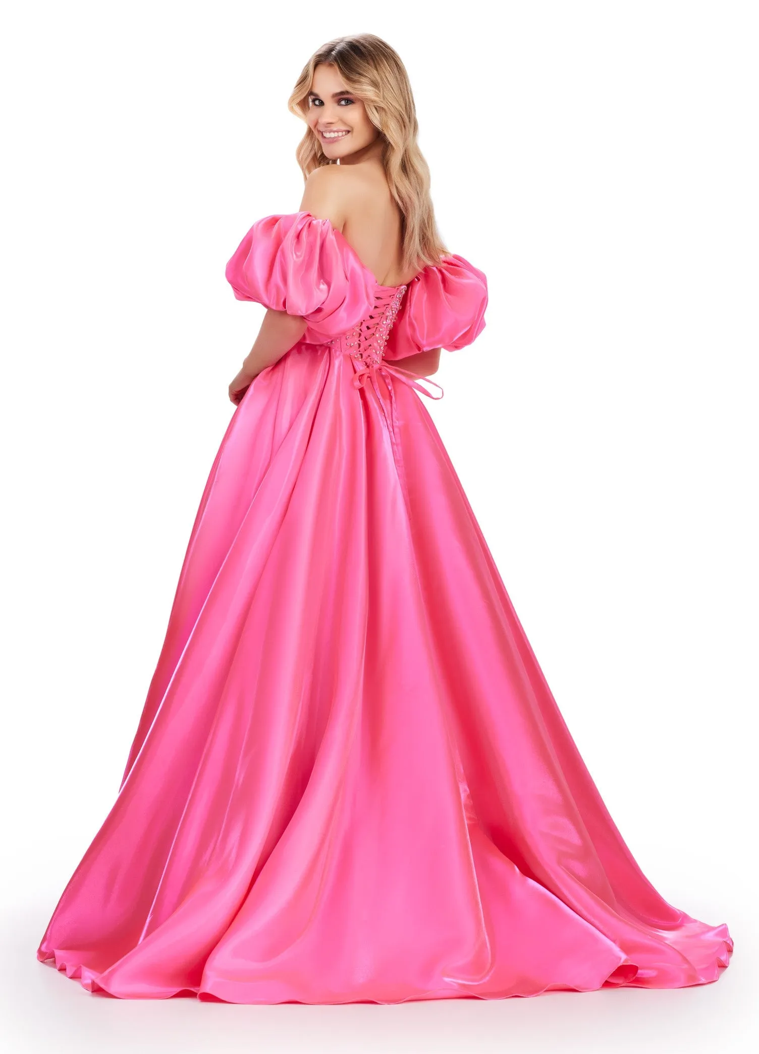 Ashley Lauren 11642 Size 10, 18 Peacock Satin A Line Crystal Corset Prom Dress Puff Sleeve Ballgown Pageant