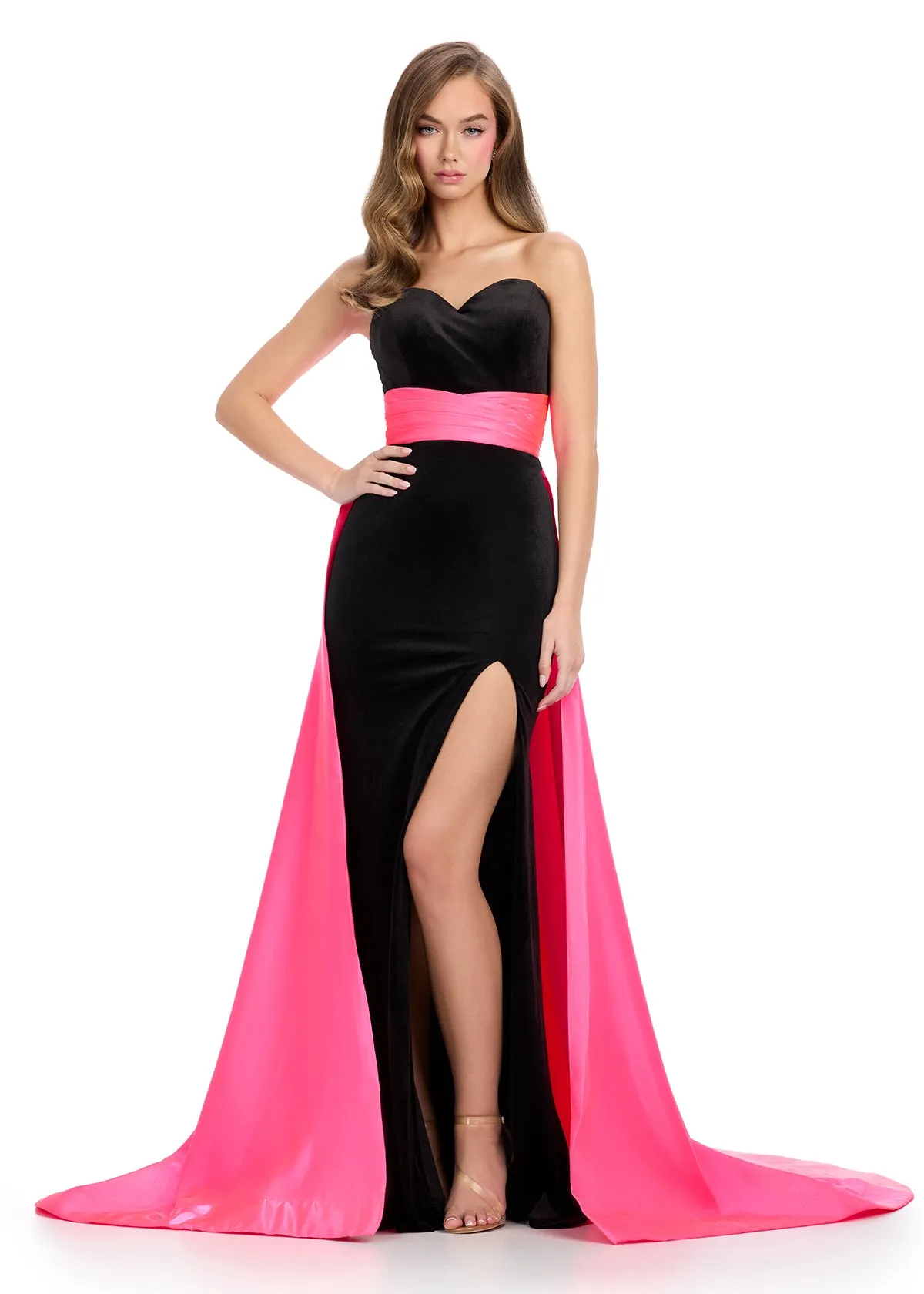 Ashley Lauren 11857 Long Fitted Velvet Pageant Dress Satin Overskirt Formal Evening Gown