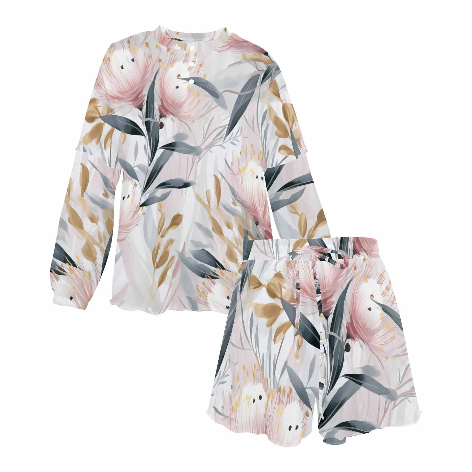 Australian Floral Pink & Grey  Women's Long Sleeve Pajama Set with Shorts