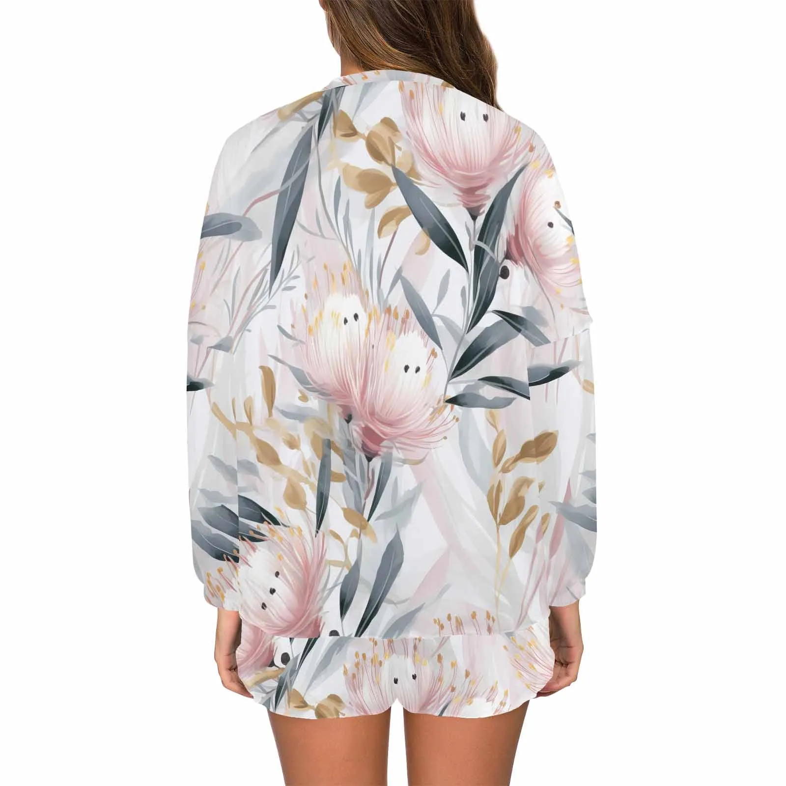 Australian Floral Pink & Grey  Women's Long Sleeve Pajama Set with Shorts