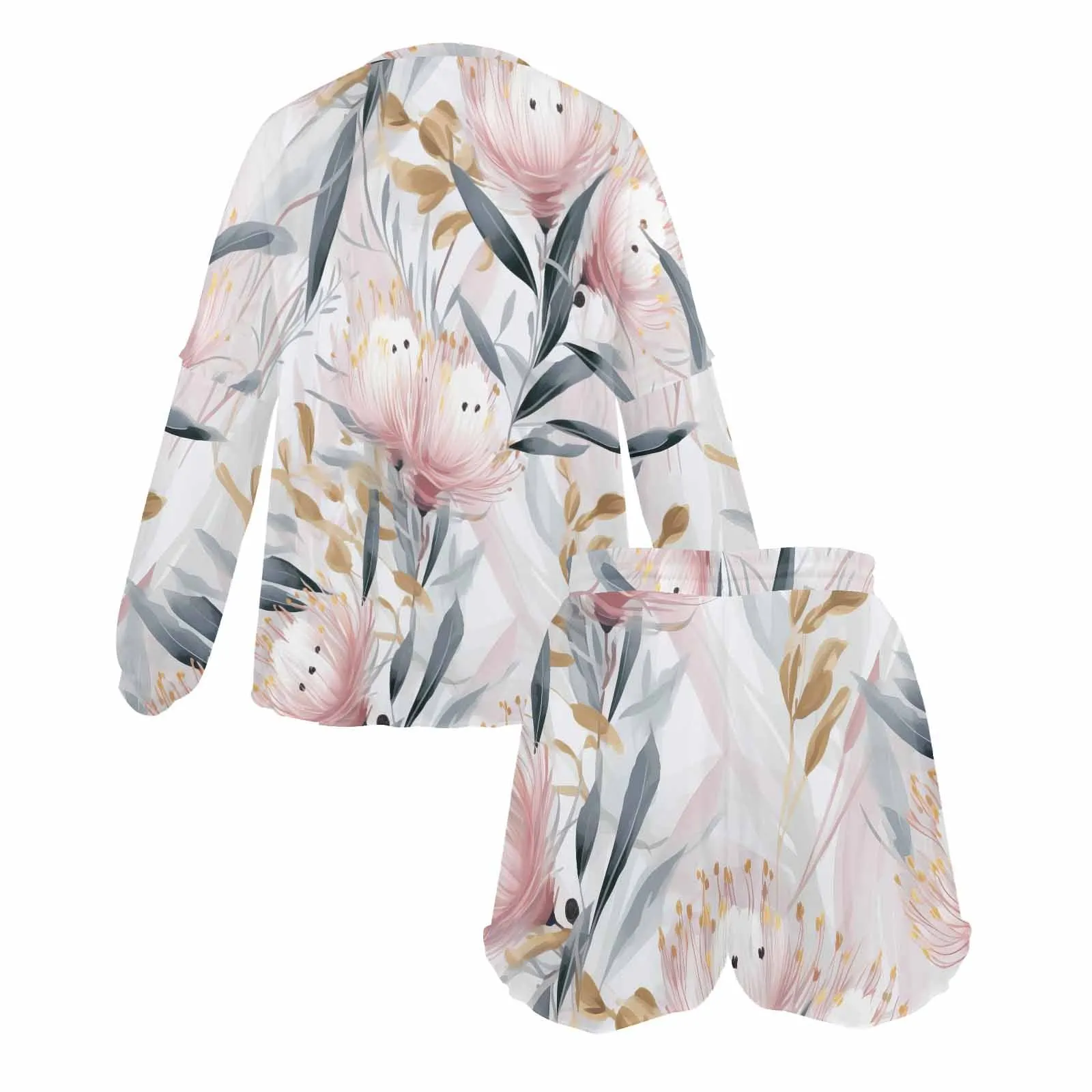 Australian Floral Pink & Grey  Women's Long Sleeve Pajama Set with Shorts