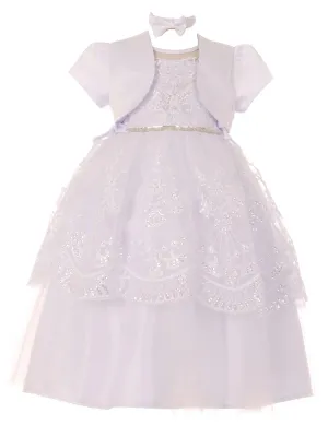 Baby Girls White Pearl Sequin Beaded Christening Bolero Dress 0-12M