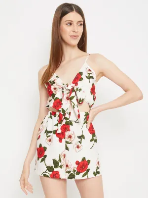 Berrylush Women White Floral Printed Front Tie-Knot Jumpsuit