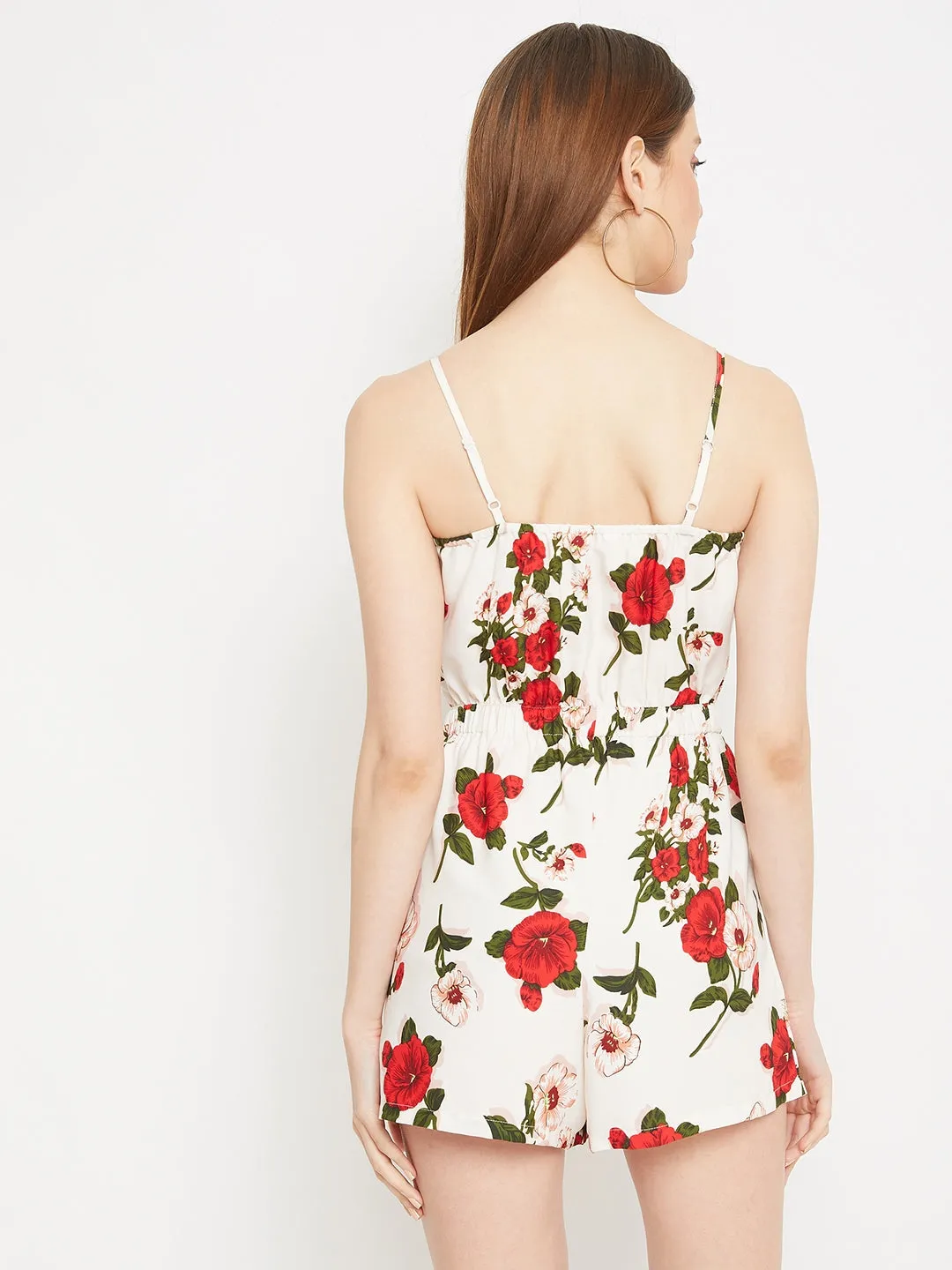 Berrylush Women White Floral Printed Front Tie-Knot Jumpsuit